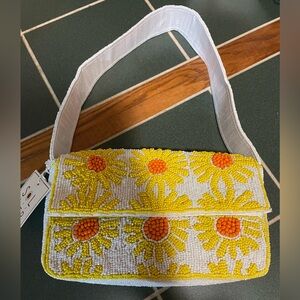 Beaded Yellow Daisy Shoulder Bag - White Strap
